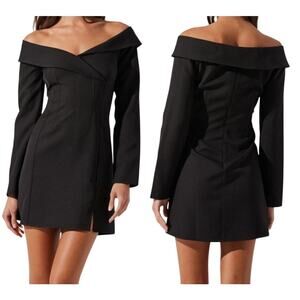 Astr the Label off the shoulder tuxedo collar long sleeve dress black Large L